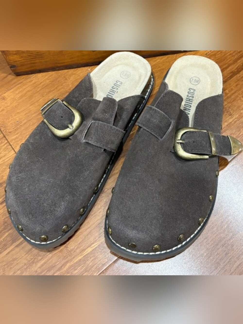 Brown Suede Slip-On Clog with Brass Buckle - Picture 3 of 3